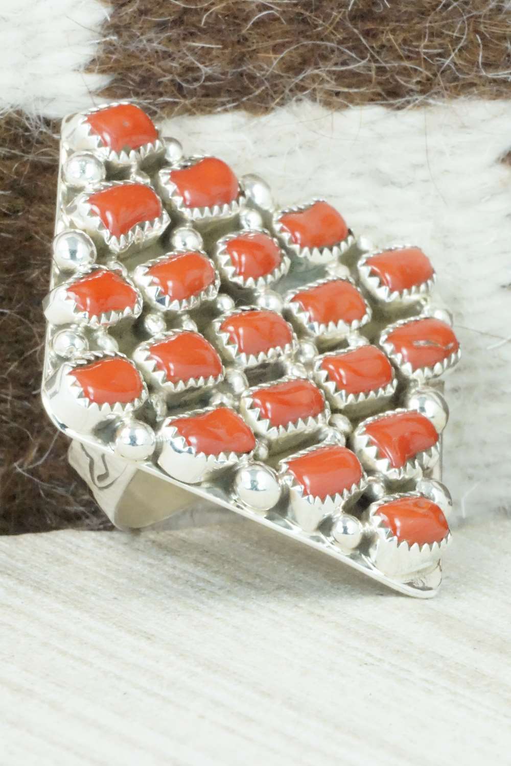 Coral and Sterling Silver Ring - Darlene Begay - Size 8