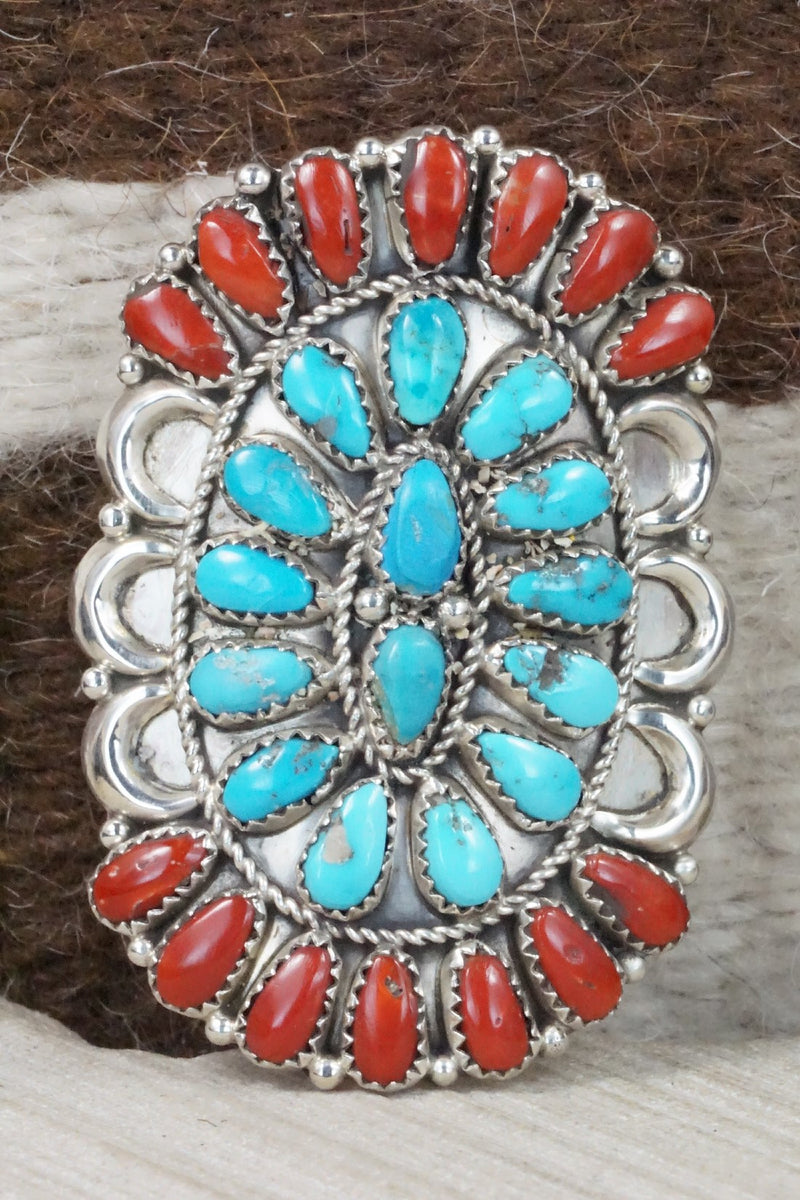 Turquoise, Coral & Sterling Silver Squash Blossom Necklace Set - Justina Wilson