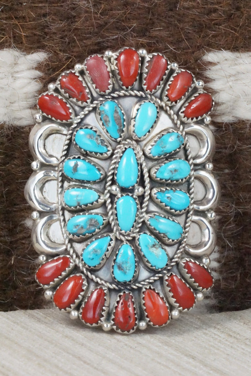 Turquoise, Coral & Sterling Silver Squash Blossom Necklace Set - Justina Wilson