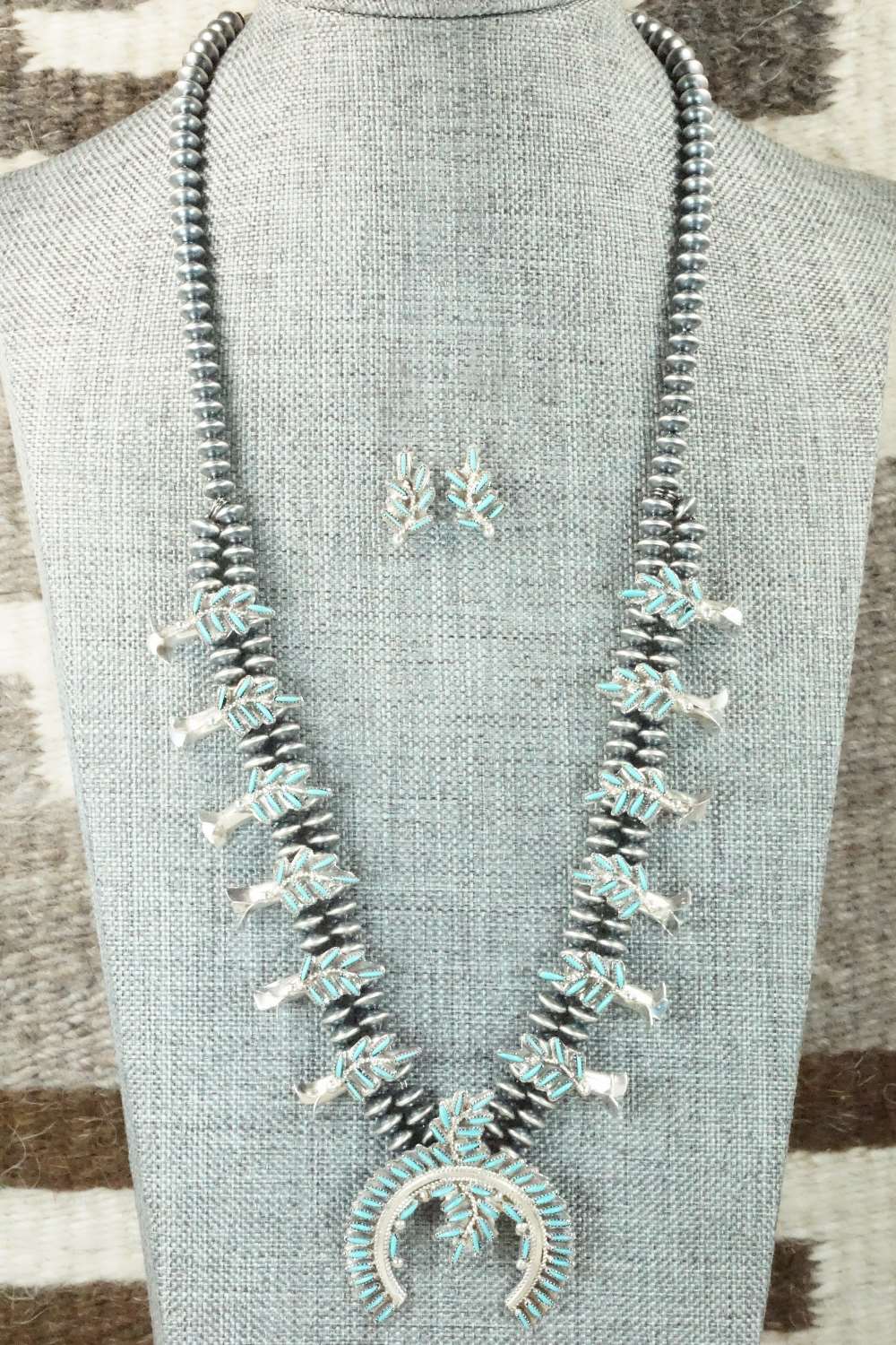 Turquoise & Sterling Silver Squash Blossom & Earrings - Lorna Mahkee