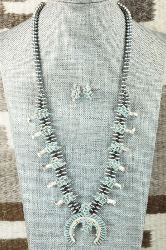 Turquoise & Sterling Silver Squash Blossom & Earrings - Lorna Mahkee