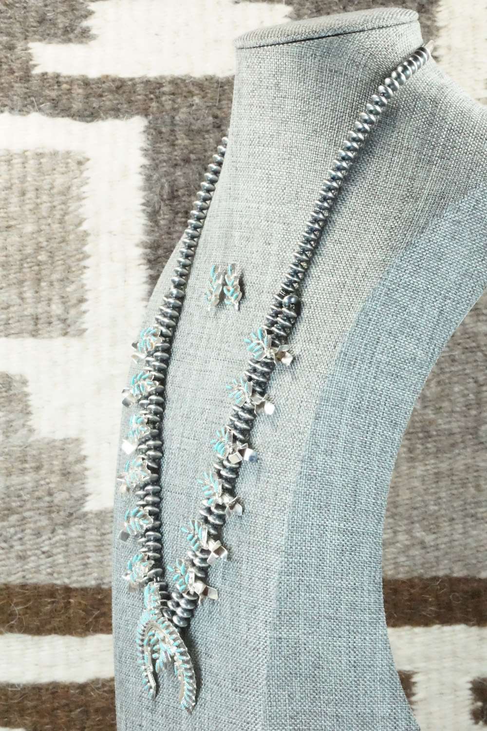 Turquoise & Sterling Silver Squash Blossom & Earrings - Lorna Mahkee