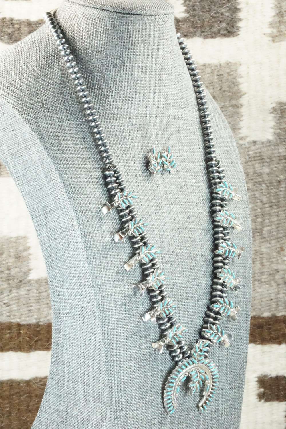 Turquoise & Sterling Silver Squash Blossom & Earrings - Lorna Mahkee