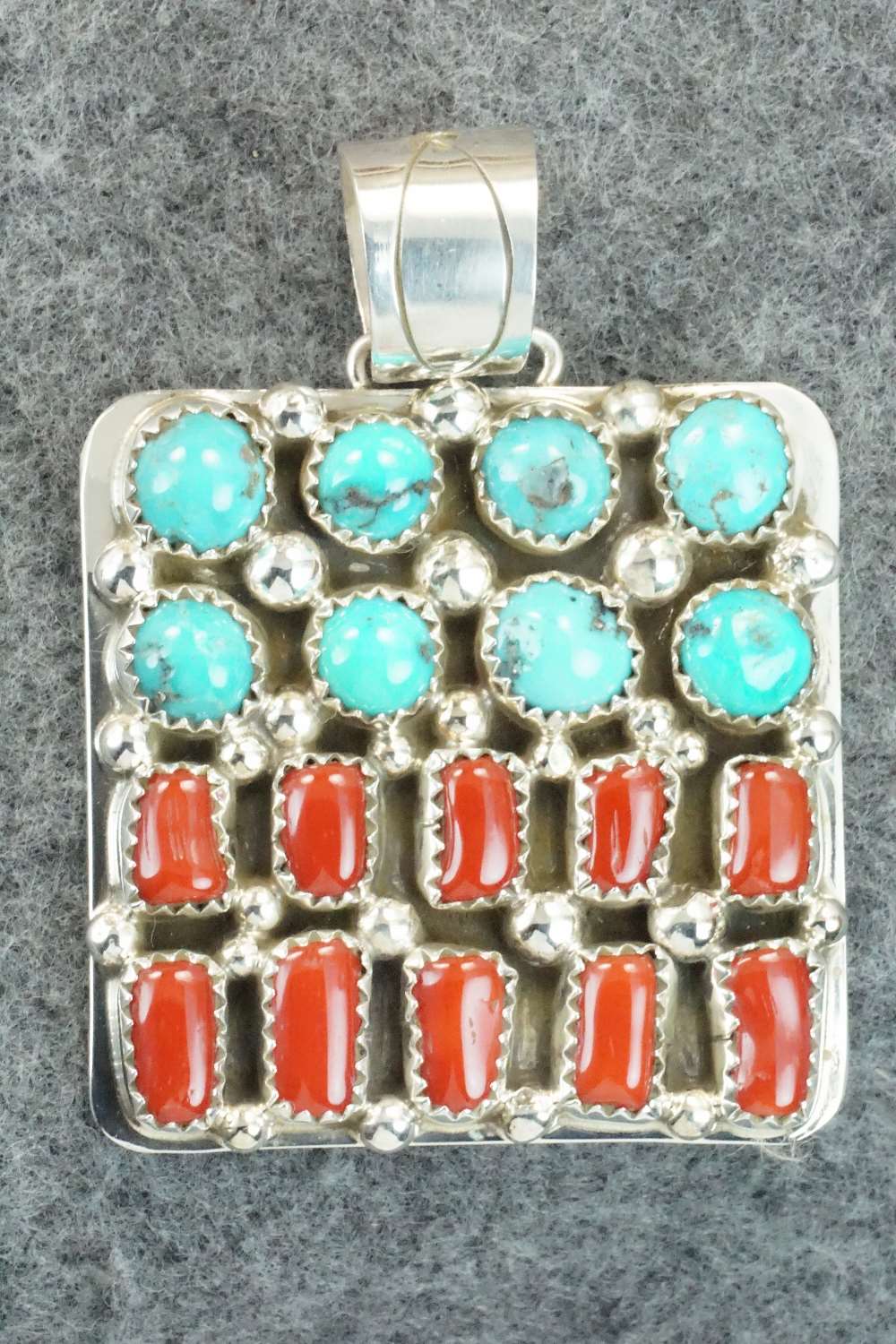 Coral, Turquoise & Sterling Silver Pendant - Darlene Begay