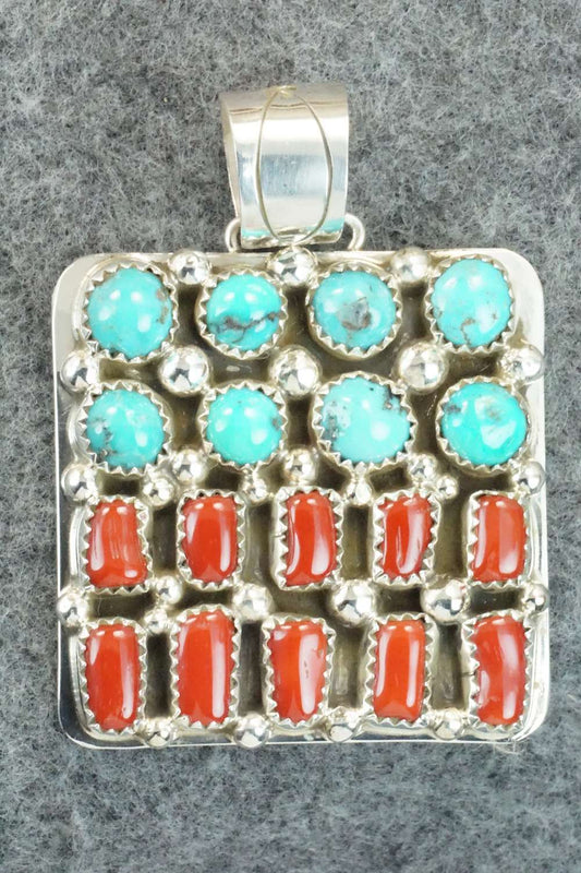 Coral, Turquoise & Sterling Silver Pendant - Darlene Begay