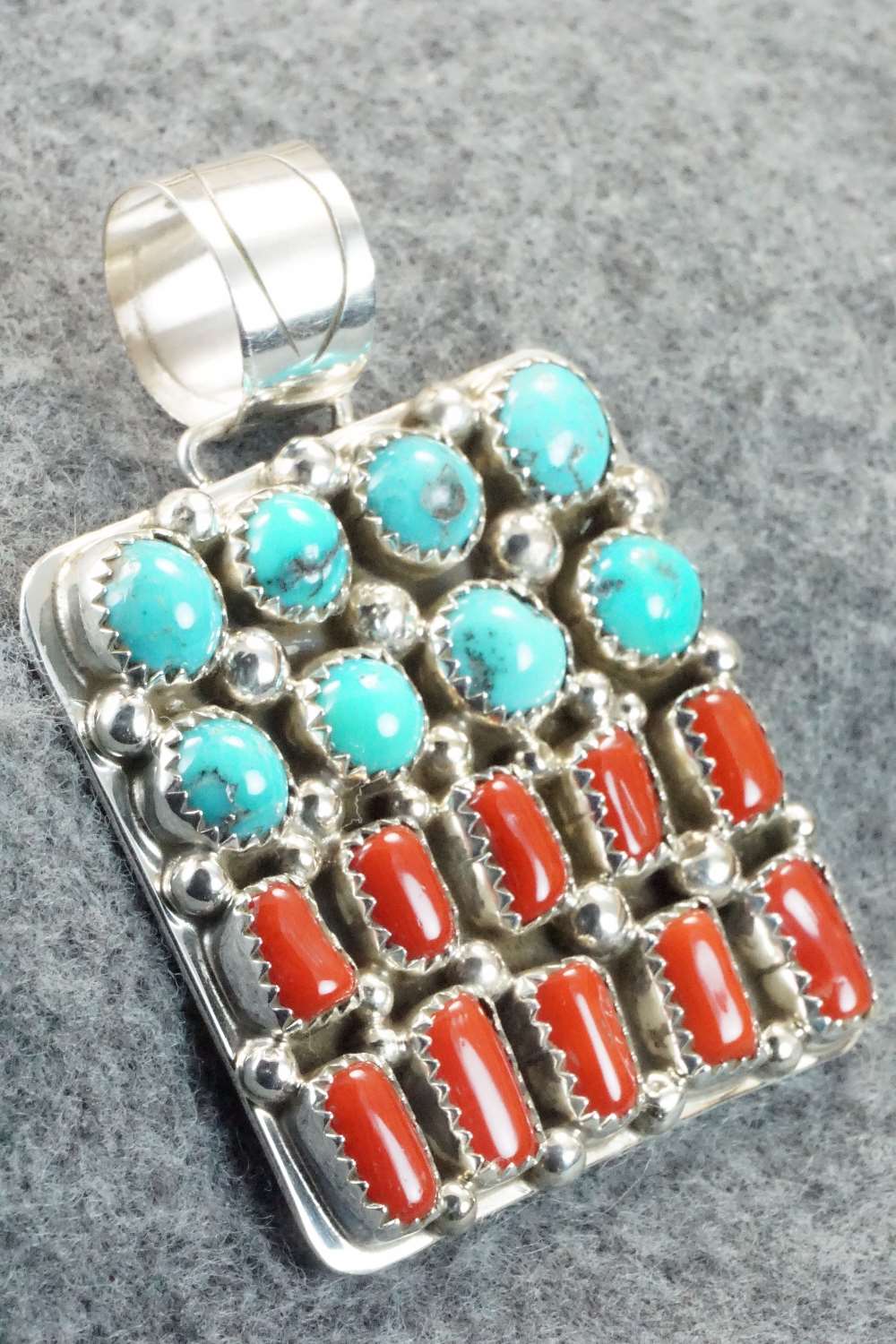 Coral, Turquoise & Sterling Silver Pendant - Darlene Begay
