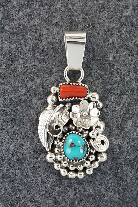 Turquoise, Coral and Sterling Silver Pendant - Sandra Parkett