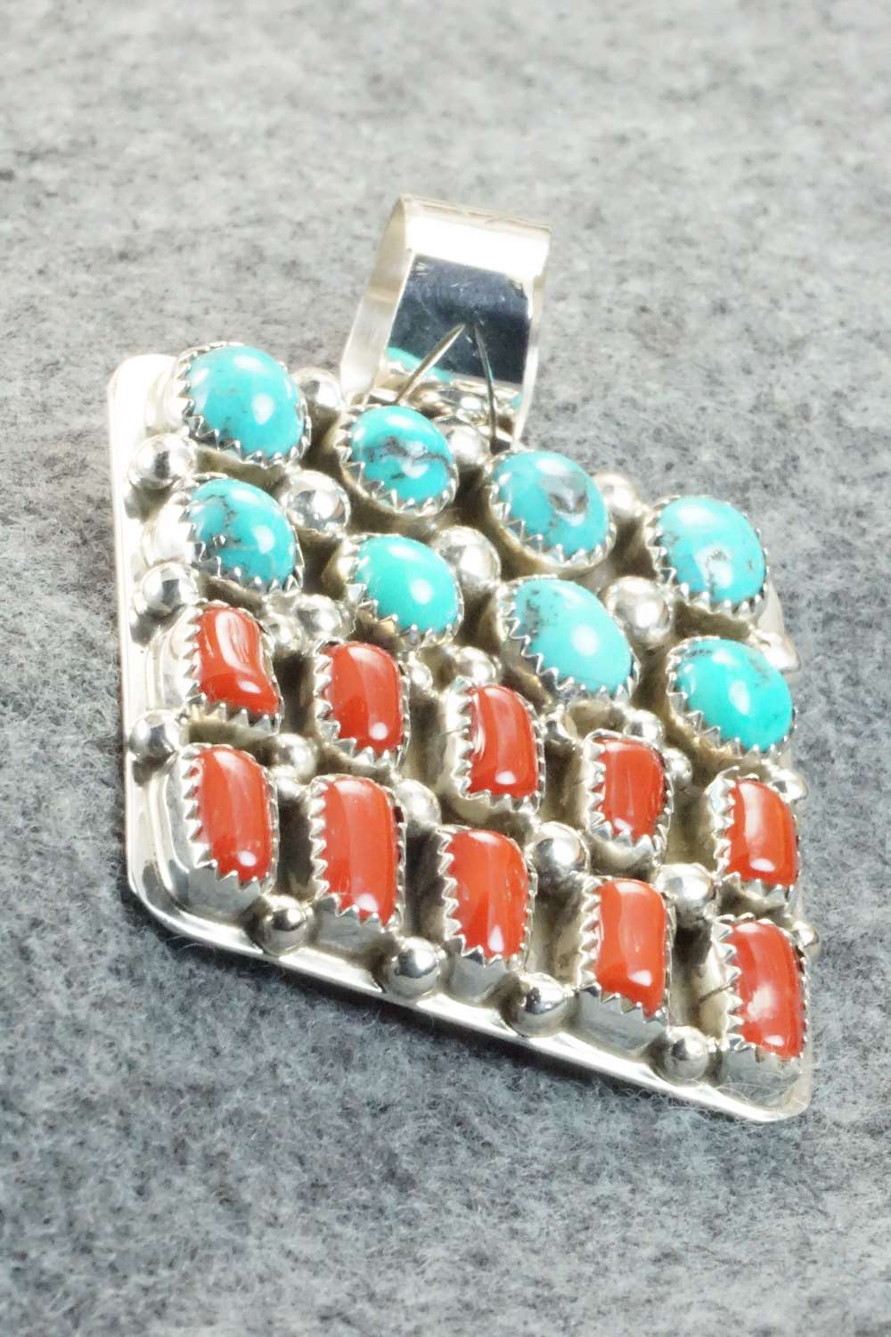Coral, Turquoise & Sterling Silver Pendant - Darlene Begay