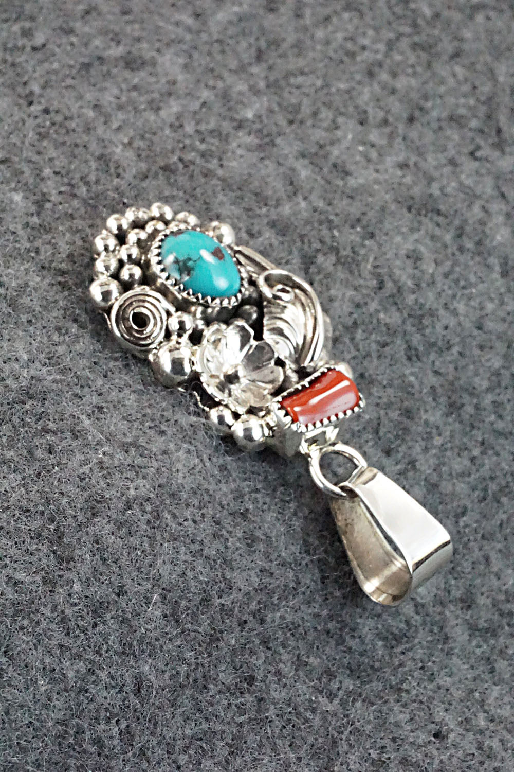 Turquoise, Coral and Sterling Silver Pendant - Sandra Parkett