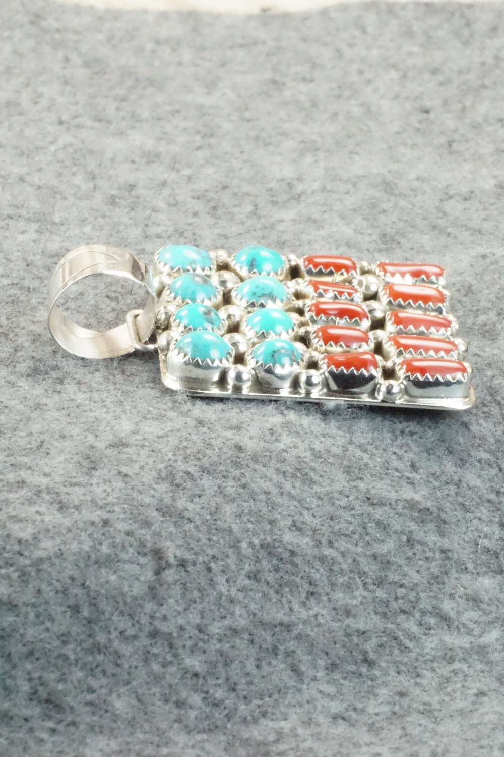 Coral, Turquoise & Sterling Silver Pendant - Darlene Begay