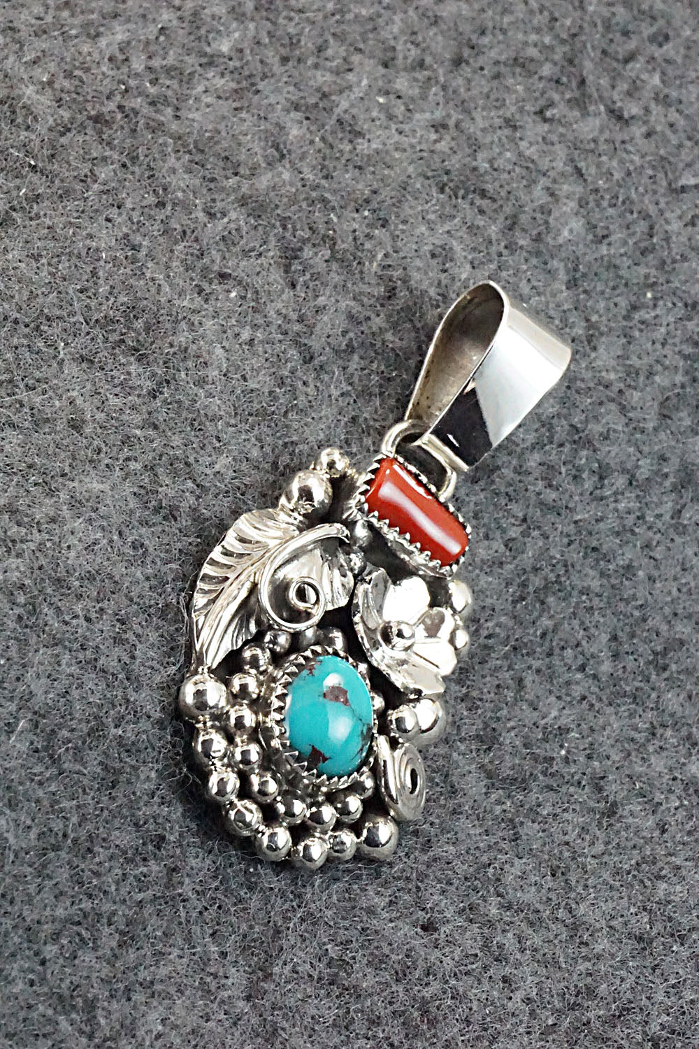 Turquoise, Coral and Sterling Silver Pendant - Sandra Parkett