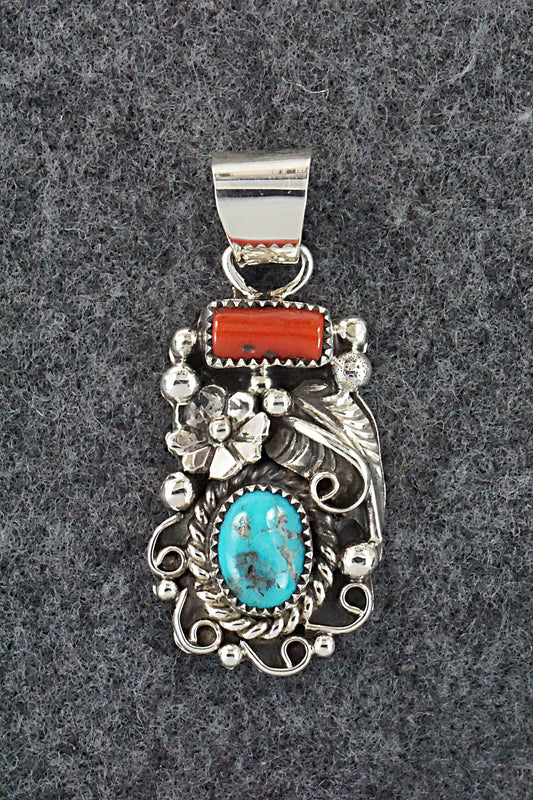 Turquoise, Coral and Sterling Silver Pendant - Sandra Parkett