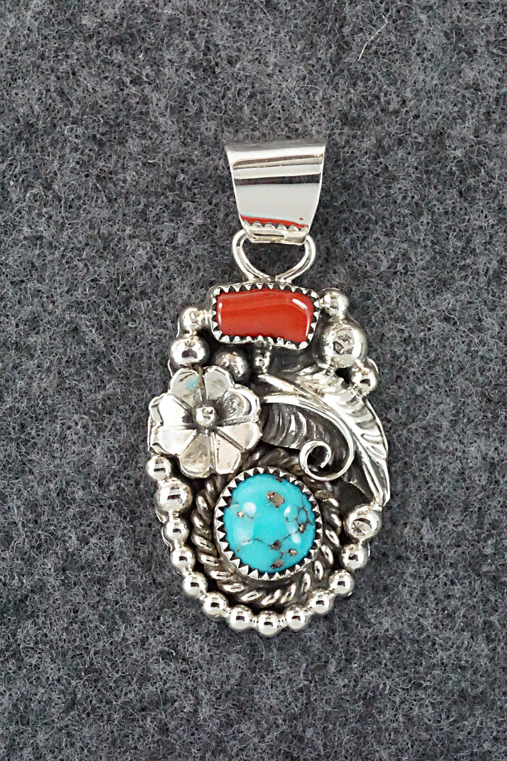 Turquoise, Coral and Sterling Silver Pendant - Sandra Parkett