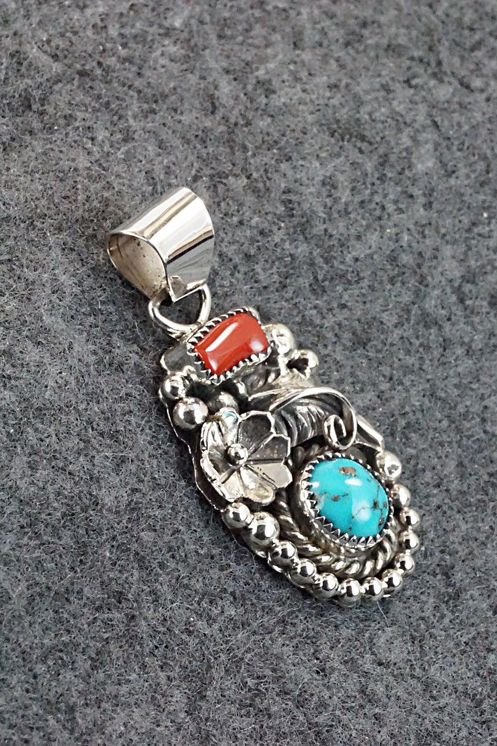 Turquoise, Coral and Sterling Silver Pendant - Sandra Parkett