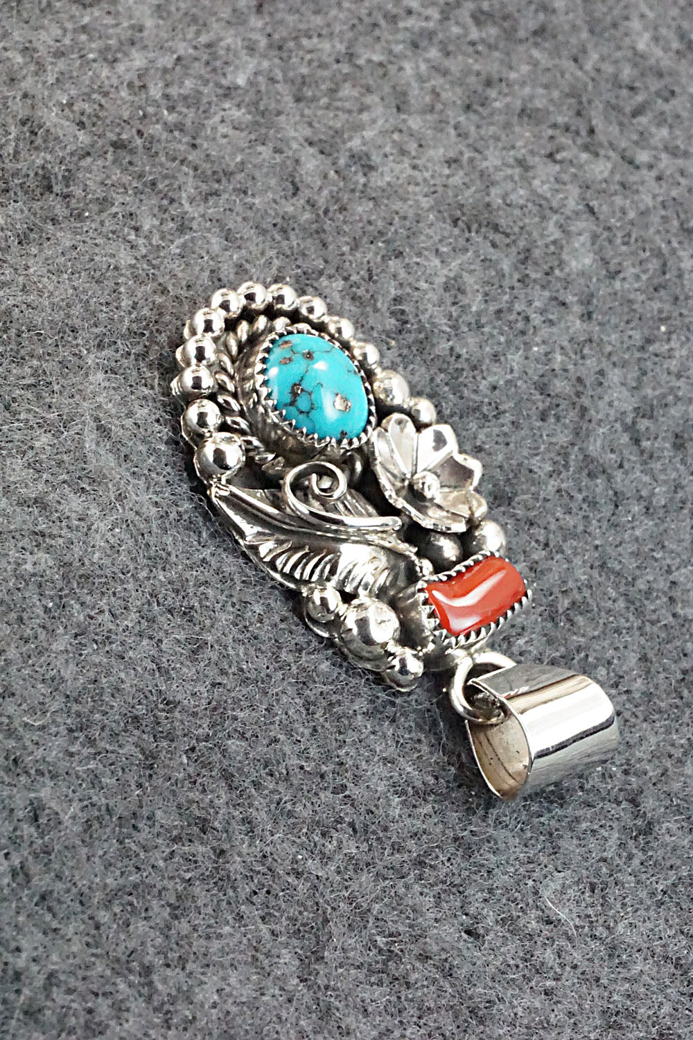 Turquoise, Coral and Sterling Silver Pendant - Sandra Parkett