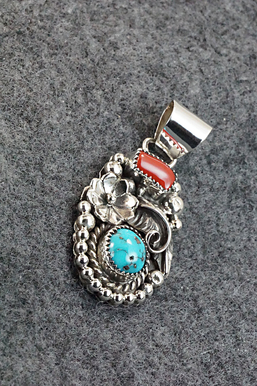 Turquoise, Coral and Sterling Silver Pendant - Sandra Parkett
