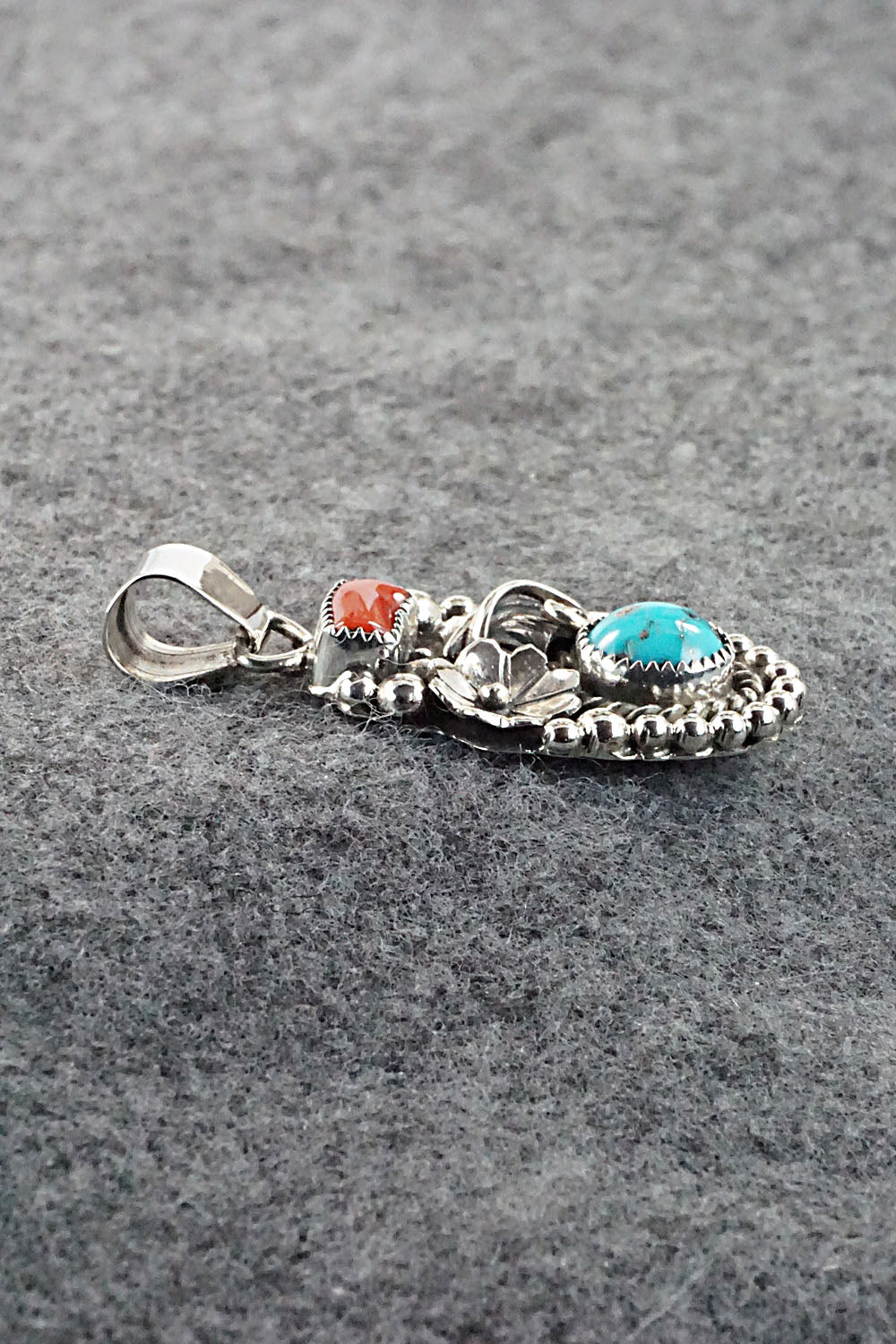 Turquoise, Coral and Sterling Silver Pendant - Sandra Parkett