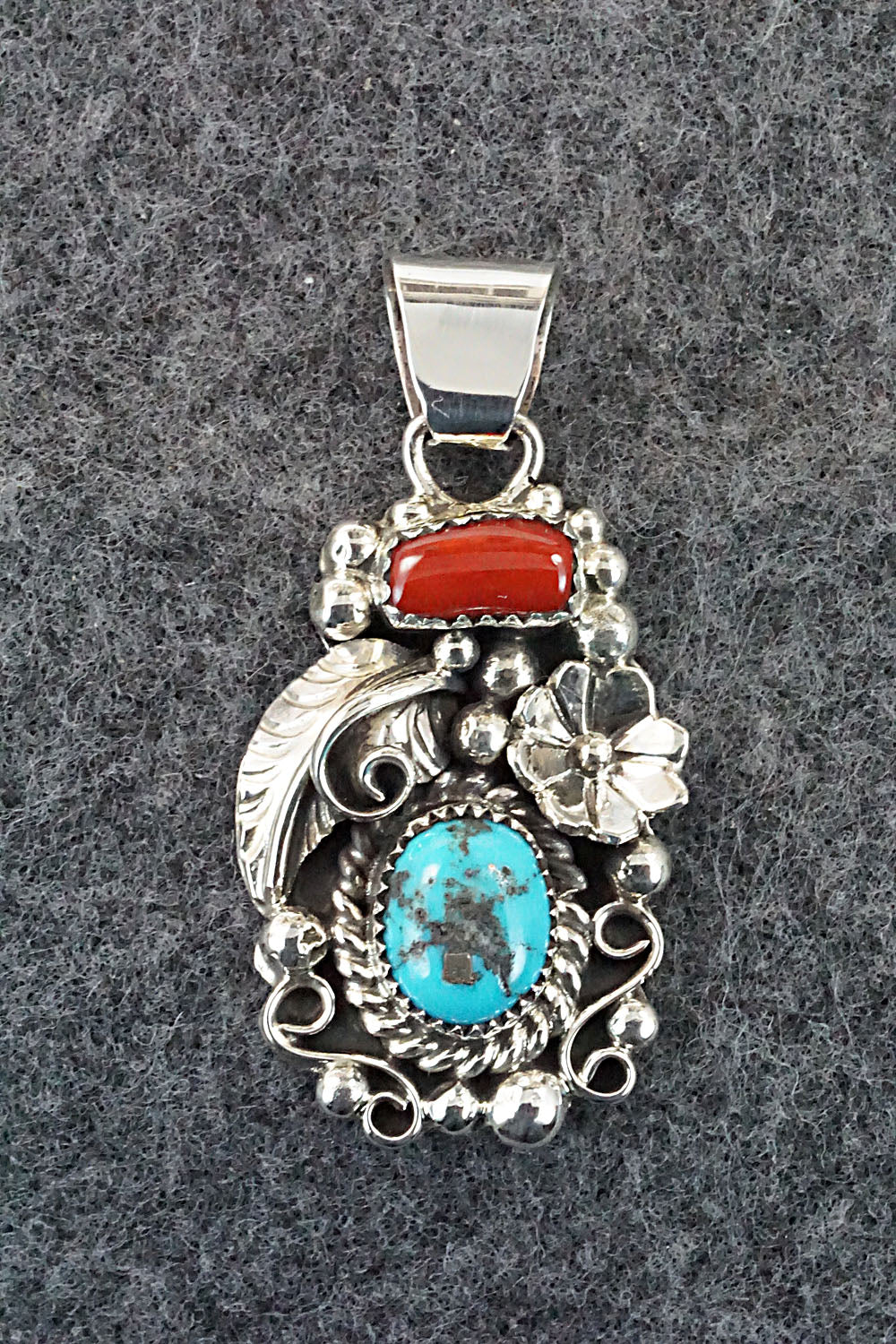 Turquoise, Coral and Sterling Silver Pendant - Sandra Parkett