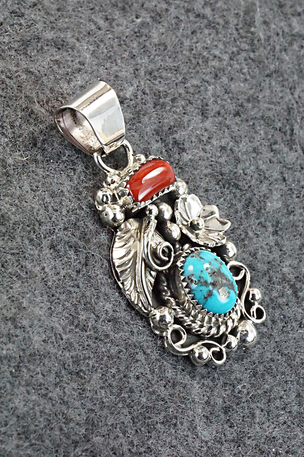 Turquoise, Coral and Sterling Silver Pendant - Sandra Parkett