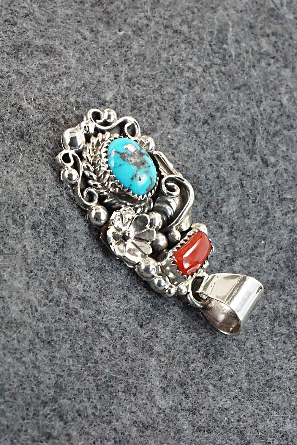 Turquoise, Coral and Sterling Silver Pendant - Sandra Parkett