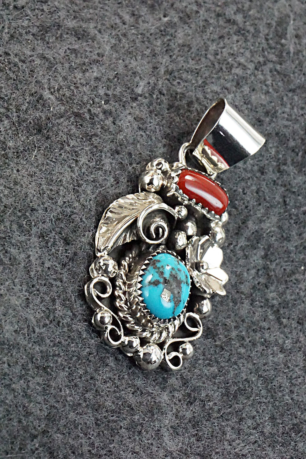 Turquoise, Coral and Sterling Silver Pendant - Sandra Parkett