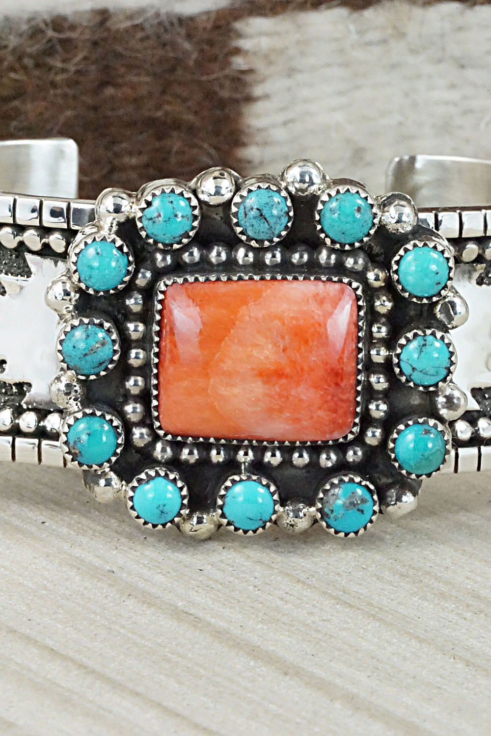 Turquoise, Spiny Oyster & Sterling Silver Bracelet - Sandra Parkett
