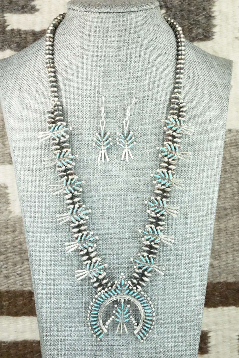 Turquoise & Sterling Silver Squash Blossom & Earrings - Lorna Mahkee
