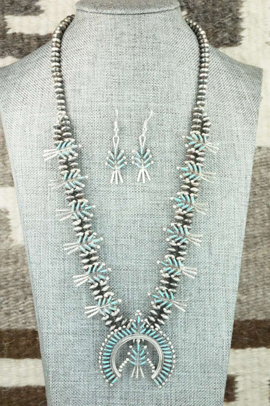 Turquoise & Sterling Silver Squash Blossom & Earrings - Lorna Mahkee