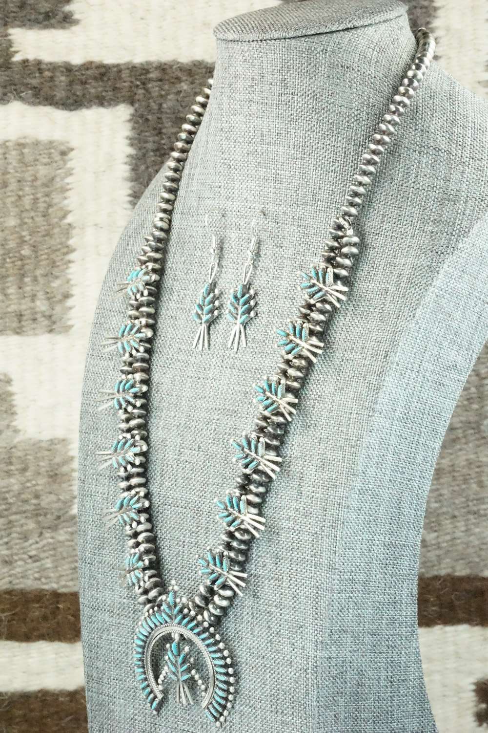 Turquoise & Sterling Silver Squash Blossom & Earrings - Lorna Mahkee