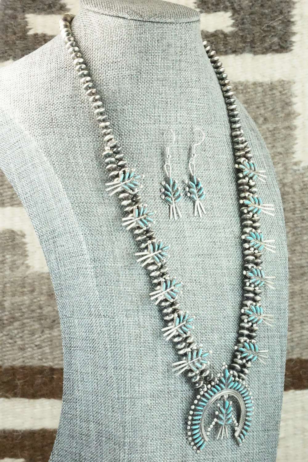 Turquoise & Sterling Silver Squash Blossom & Earrings - Lorna Mahkee