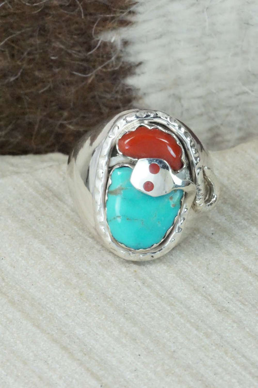 Turquoise, Coral & Sterling Silver Ring - Joy Calabaza - Size 9.75