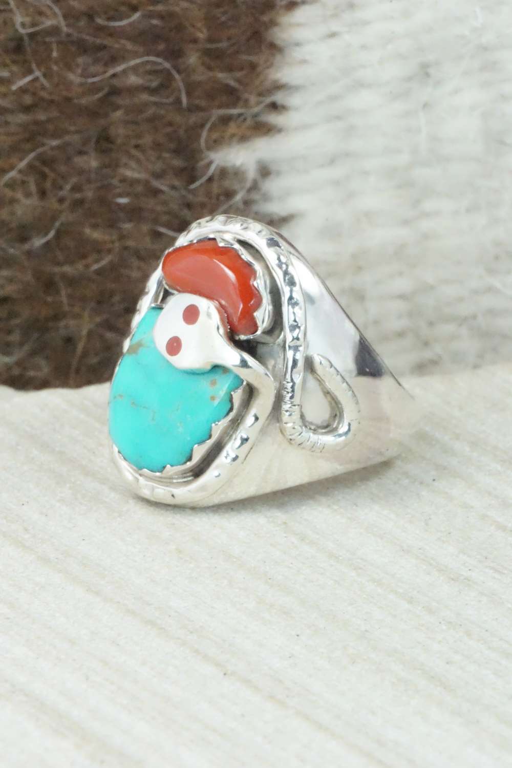 Turquoise, Coral & Sterling Silver Ring - Joy Calabaza - Size 9.75