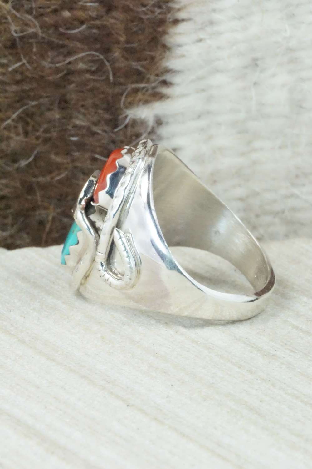 Turquoise, Coral & Sterling Silver Ring - Joy Calabaza - Size 9.75