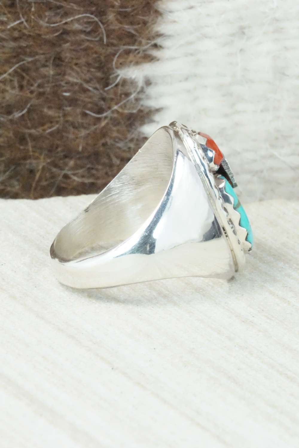 Turquoise, Coral & Sterling Silver Ring - Joy Calabaza - Size 9.75