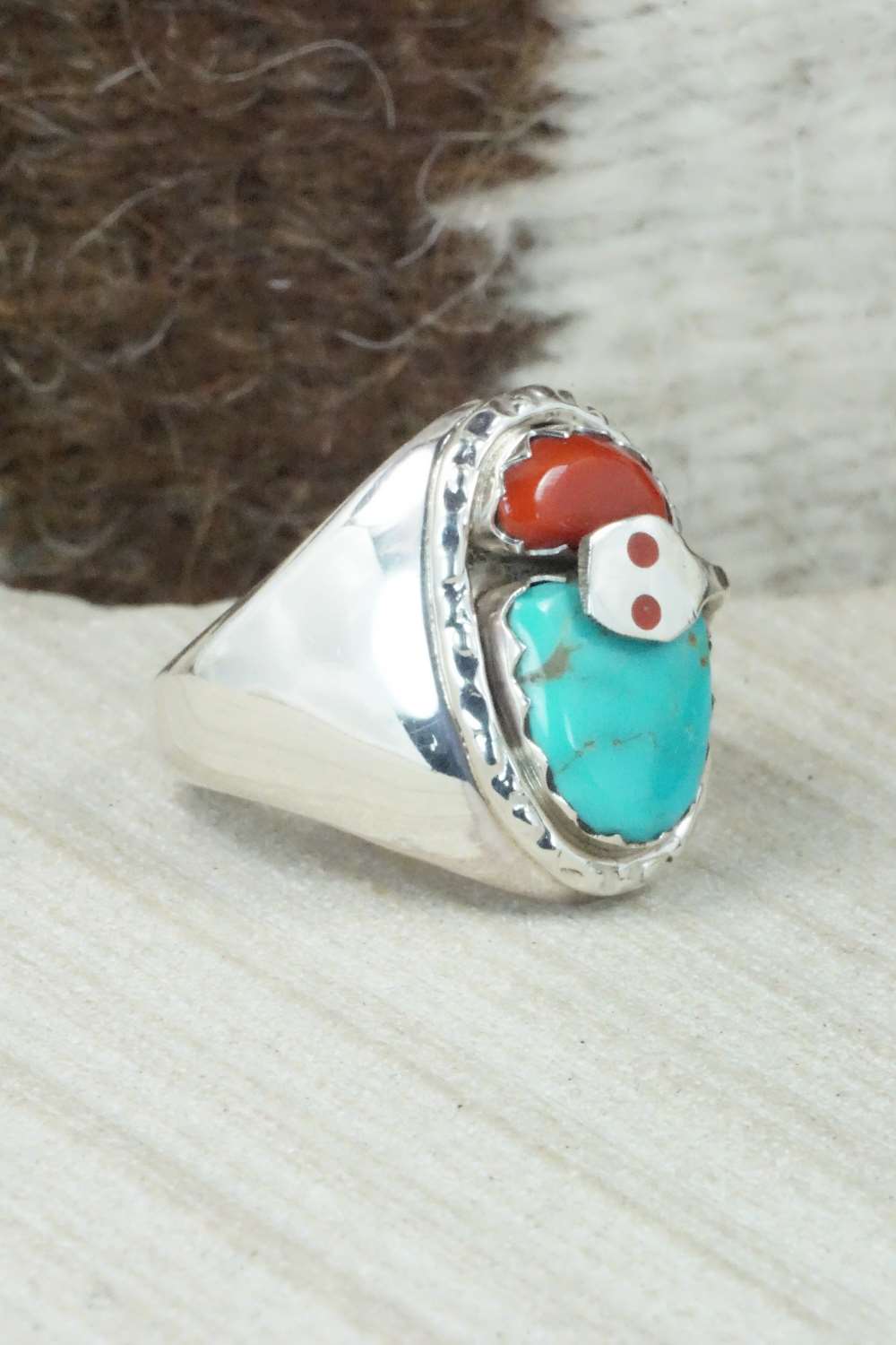 Turquoise, Coral & Sterling Silver Ring - Joy Calabaza - Size 9.75