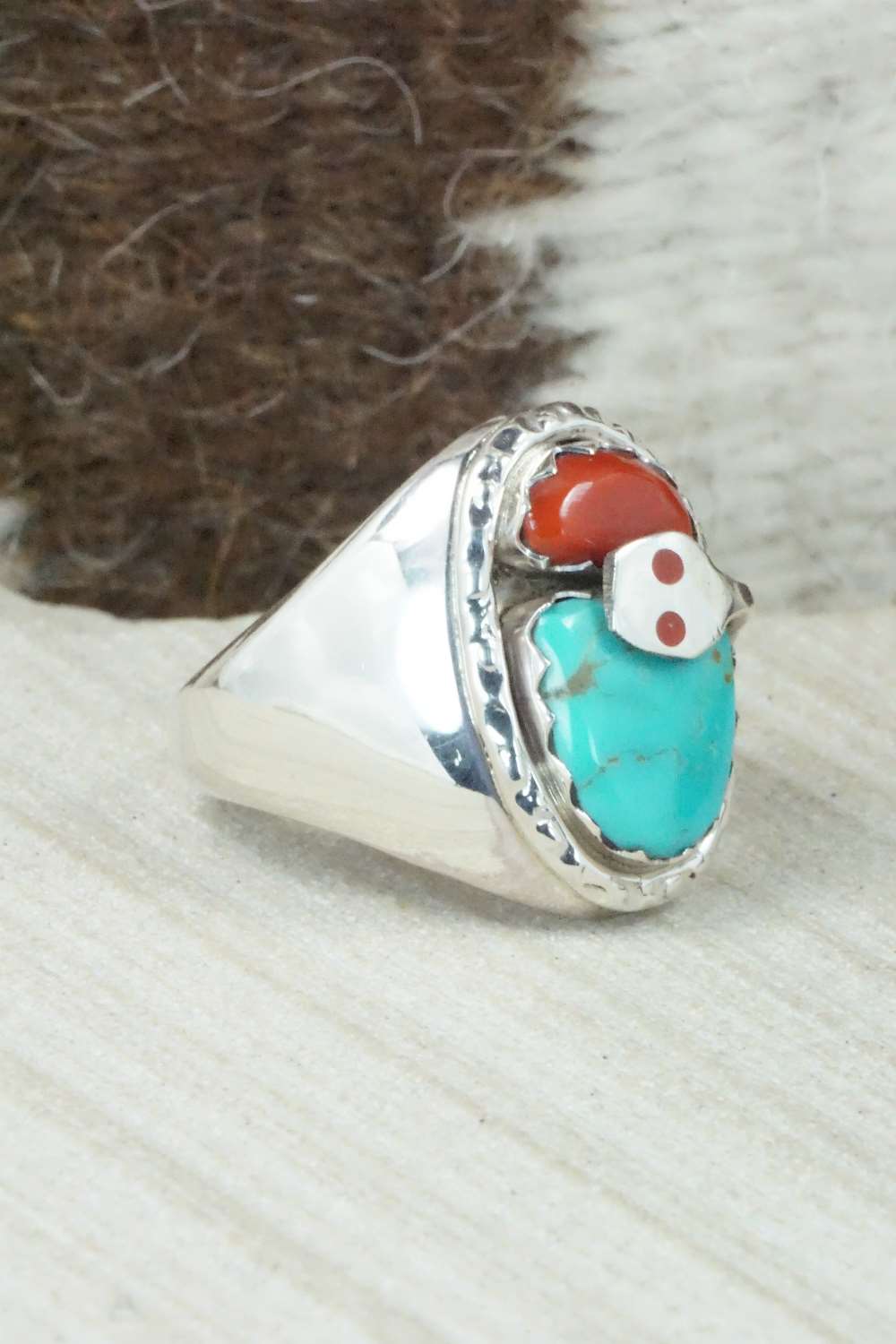 Turquoise, Coral & Sterling Silver Ring - Joy Calabaza - Size 9.75