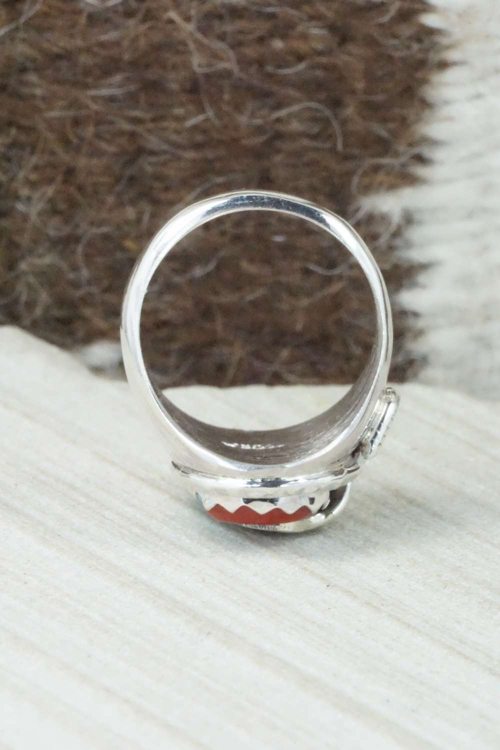 Turquoise, Coral & Sterling Silver Ring - Joy Calabaza - Size 9.75