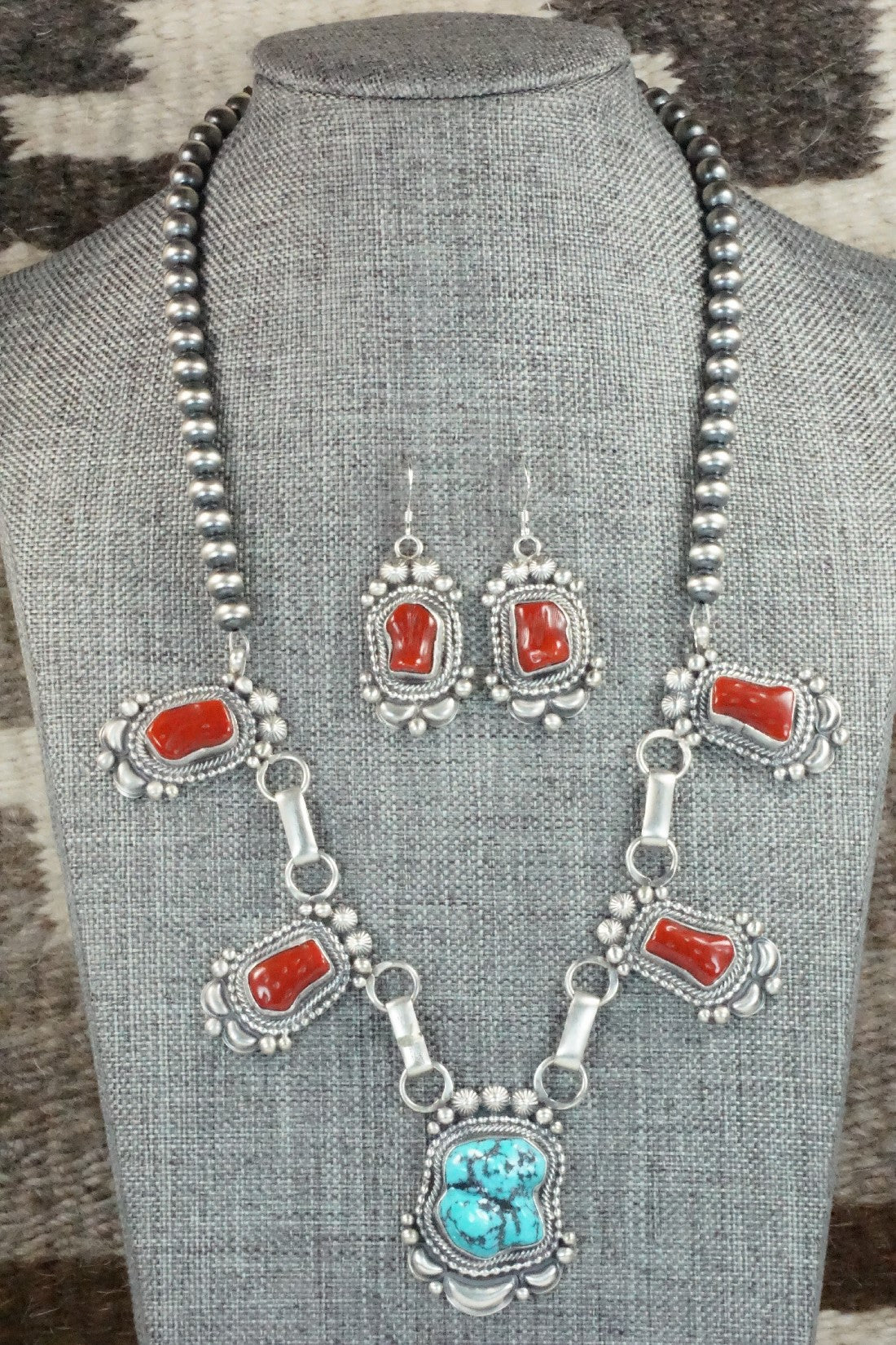 Turquoise, Coral & Sterling Silver Necklace and Earrings Set - Tom Lewis