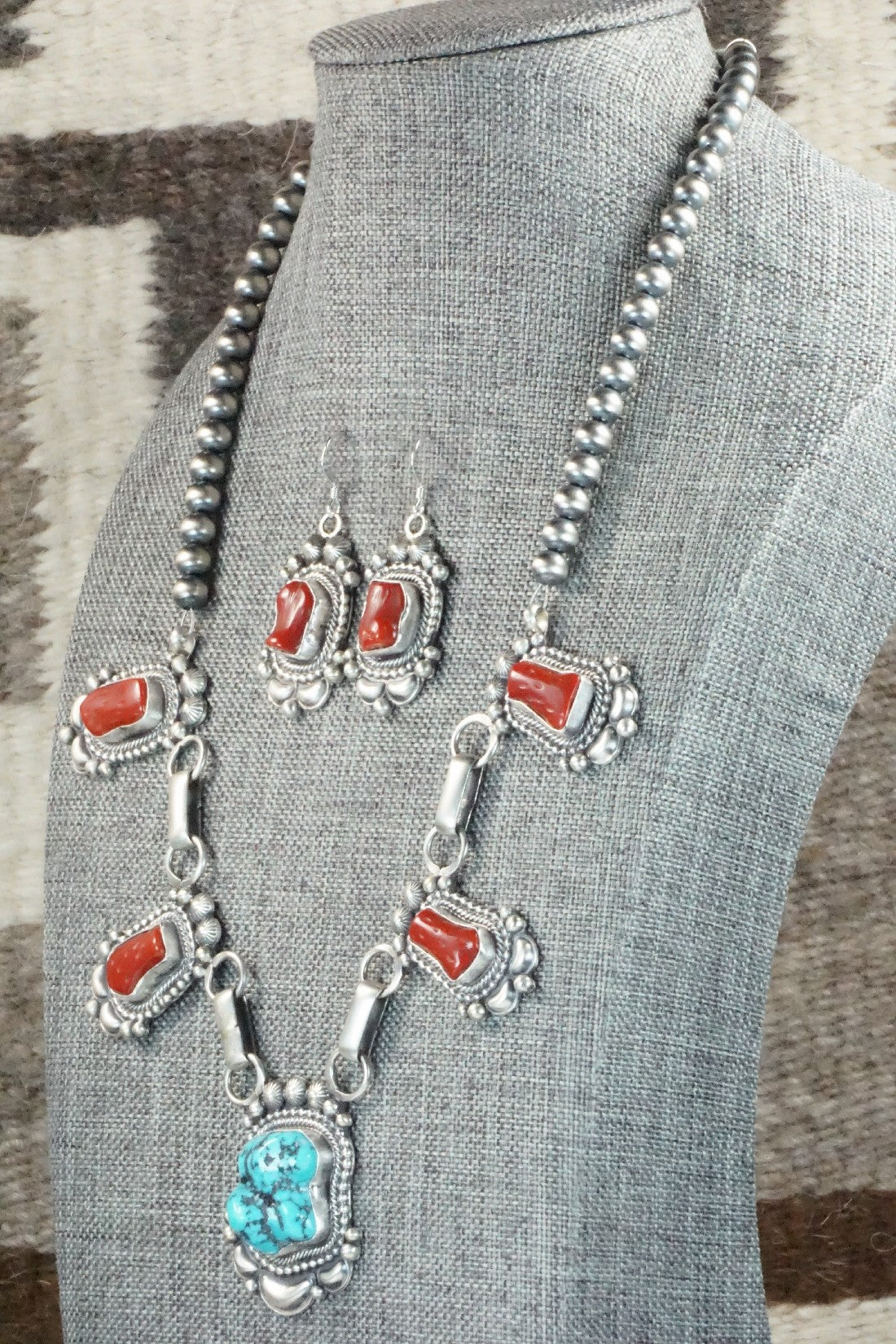 Turquoise, Coral & Sterling Silver Necklace and Earrings Set - Tom Lewis