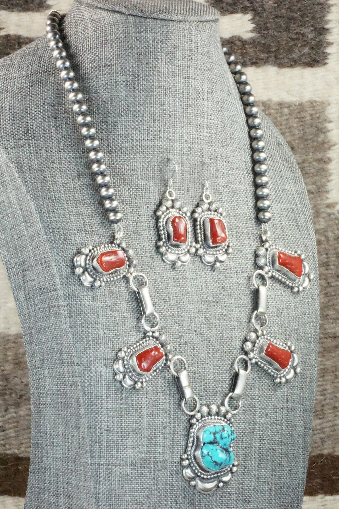 Turquoise, Coral & Sterling Silver Necklace and Earrings Set - Tom Lewis