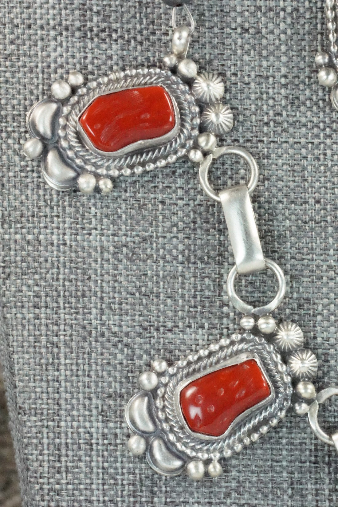 Turquoise, Coral & Sterling Silver Necklace and Earrings Set - Tom Lewis