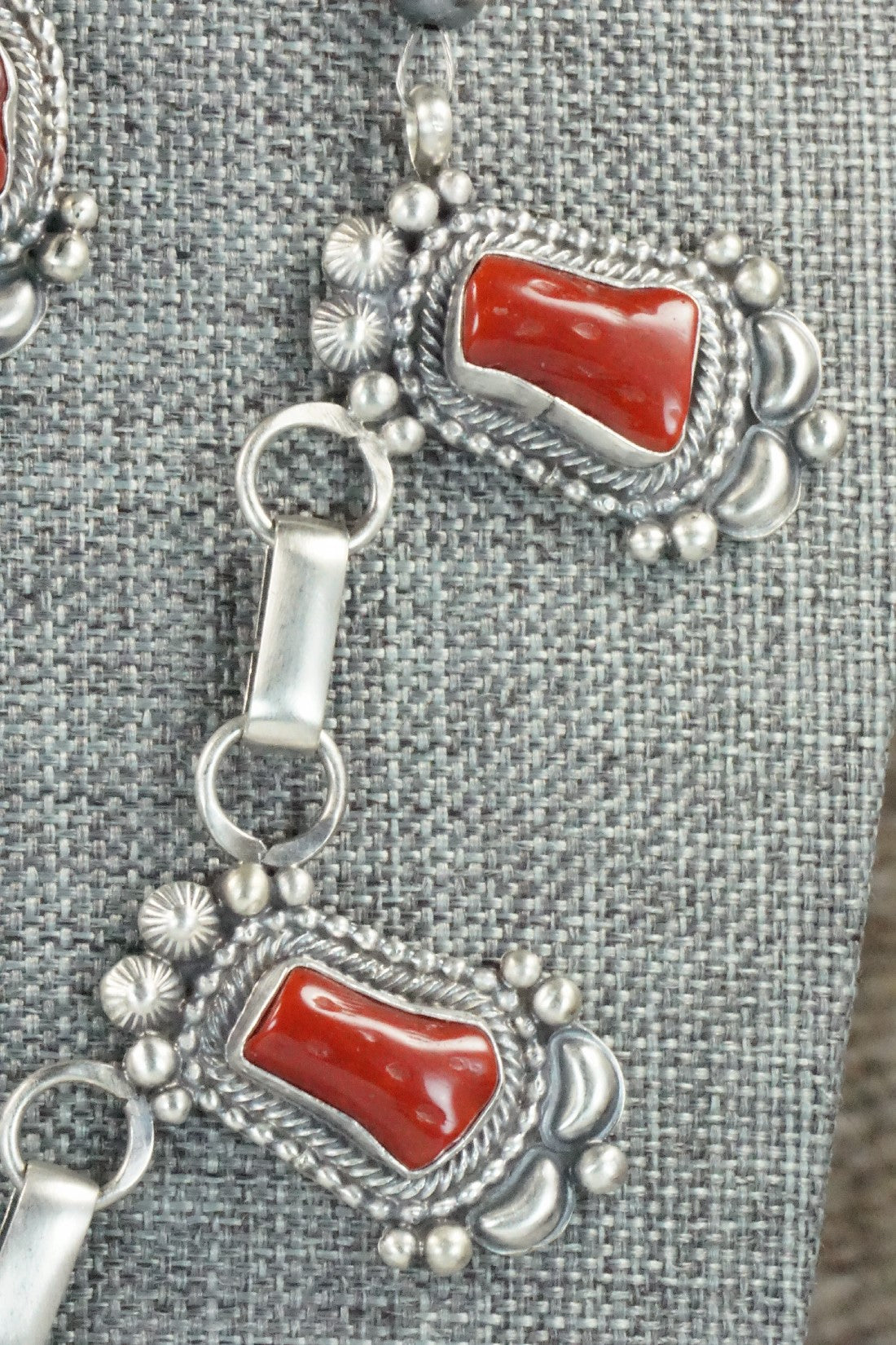 Turquoise, Coral & Sterling Silver Necklace and Earrings Set - Tom Lewis