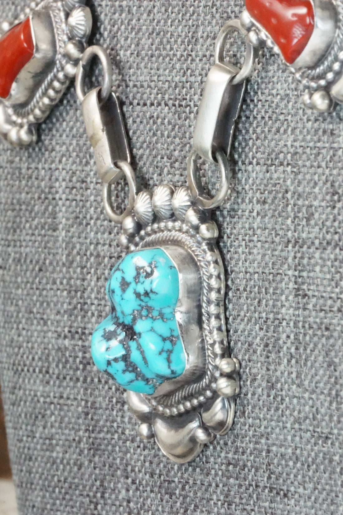 Turquoise, Coral & Sterling Silver Necklace and Earrings Set - Tom Lewis