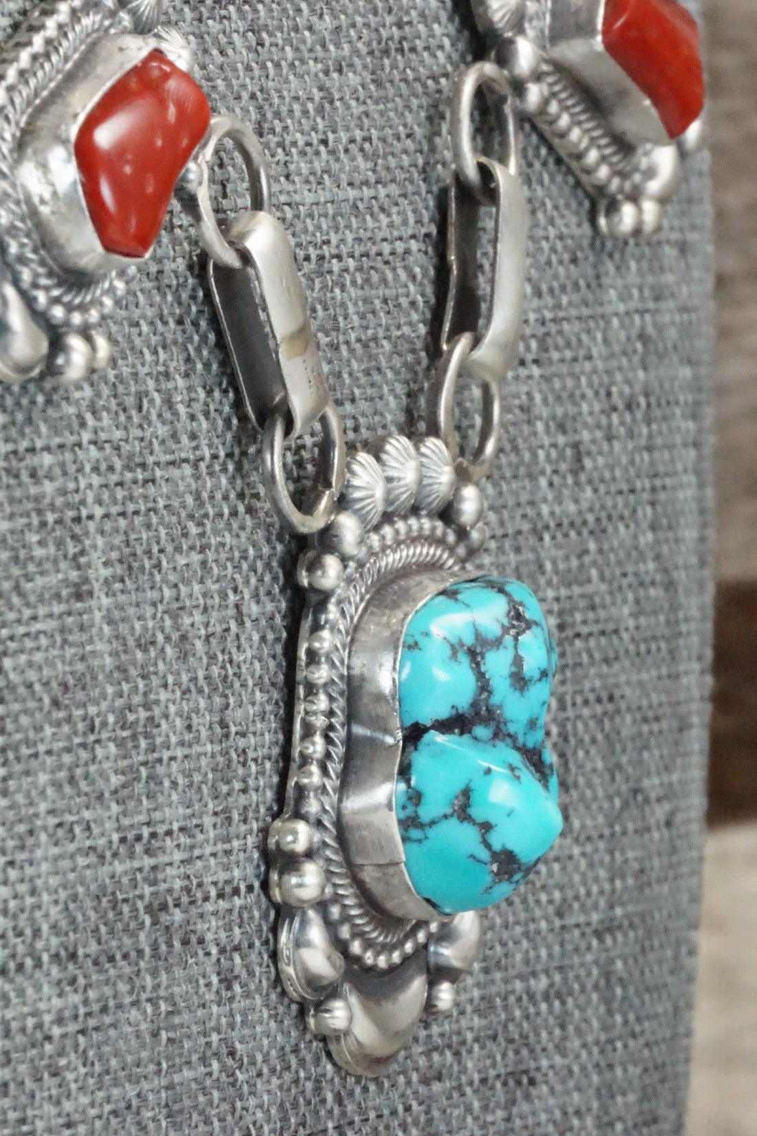 Turquoise, Coral & Sterling Silver Necklace and Earrings Set - Tom Lewis