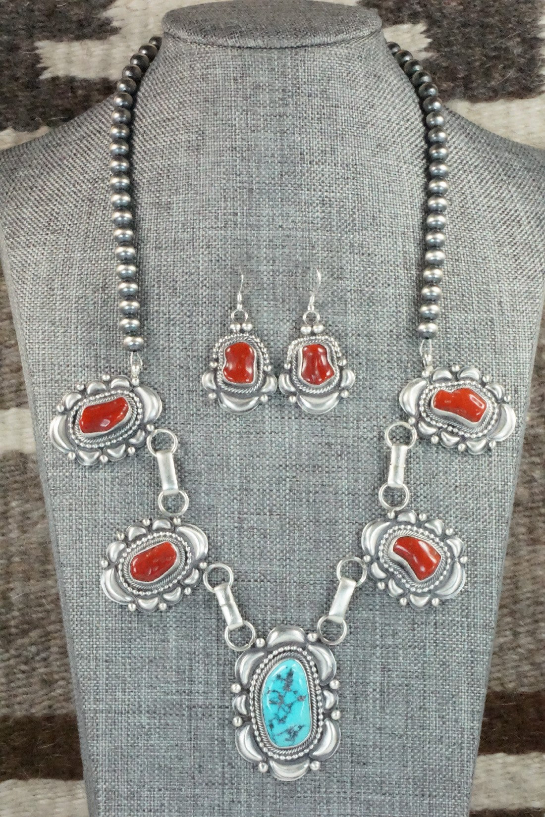 Turquoise, Coral & Sterling Silver Necklace and Earrings Set - Tom Lewis