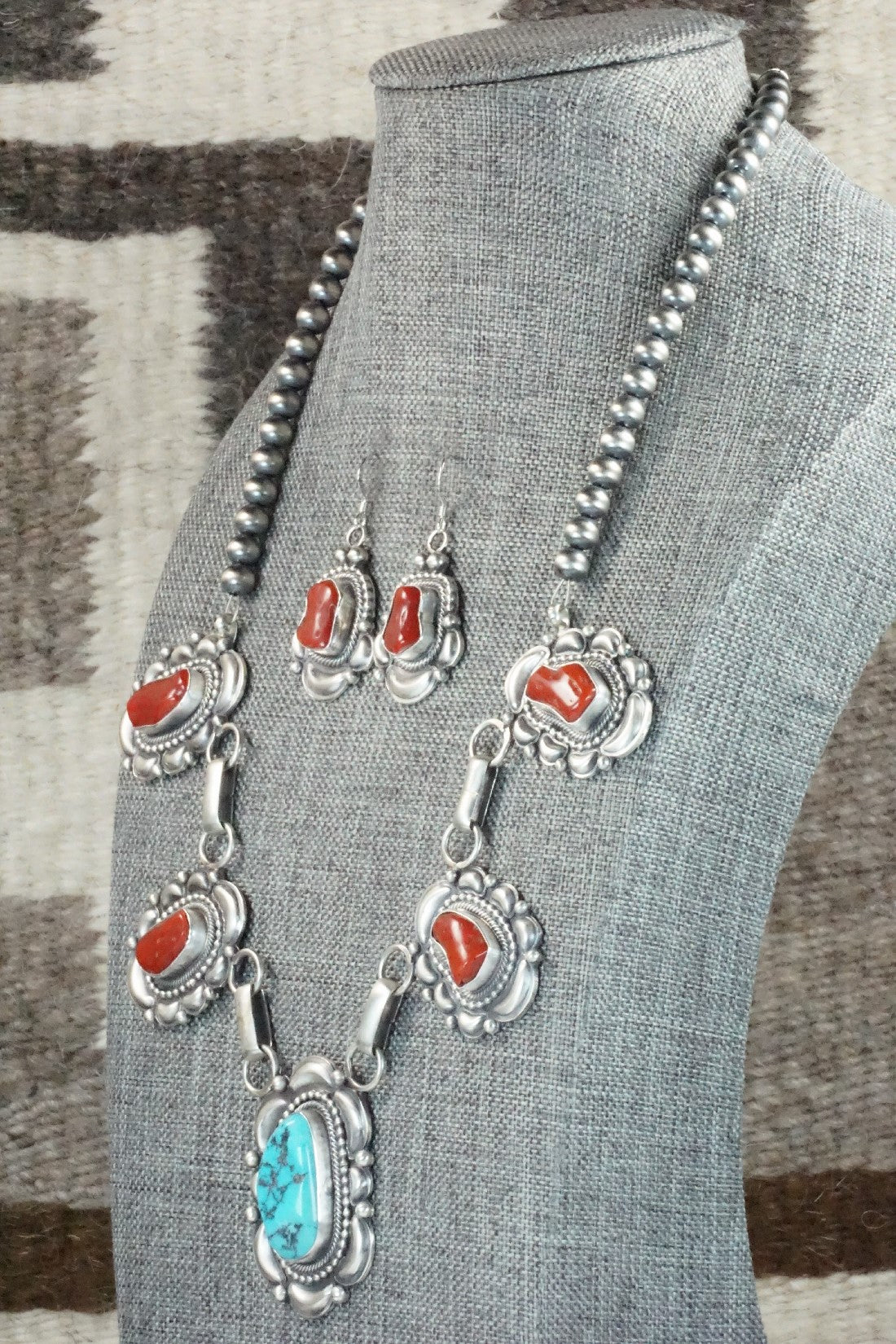 Turquoise, Coral & Sterling Silver Necklace and Earrings Set - Tom Lewis
