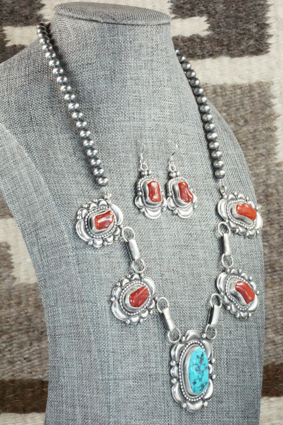 Turquoise, Coral & Sterling Silver Necklace and Earrings Set - Tom Lewis