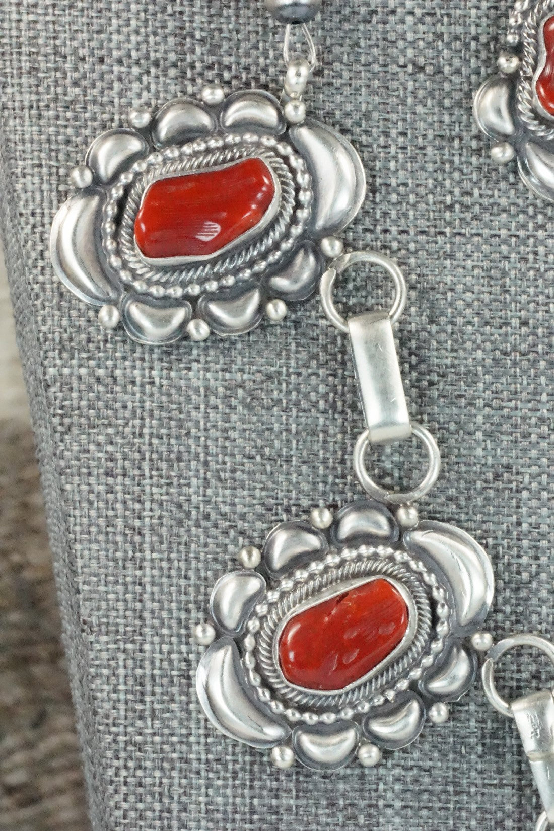 Turquoise, Coral & Sterling Silver Necklace and Earrings Set - Tom Lewis