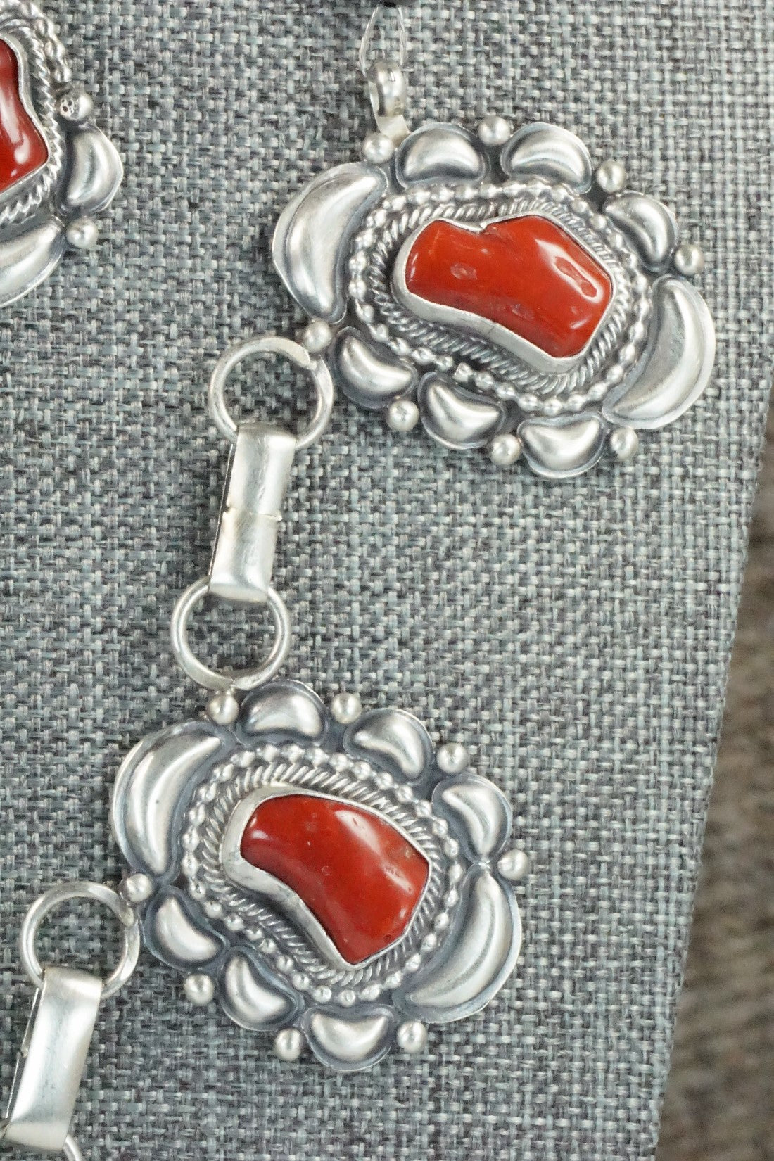 Turquoise, Coral & Sterling Silver Necklace and Earrings Set - Tom Lewis