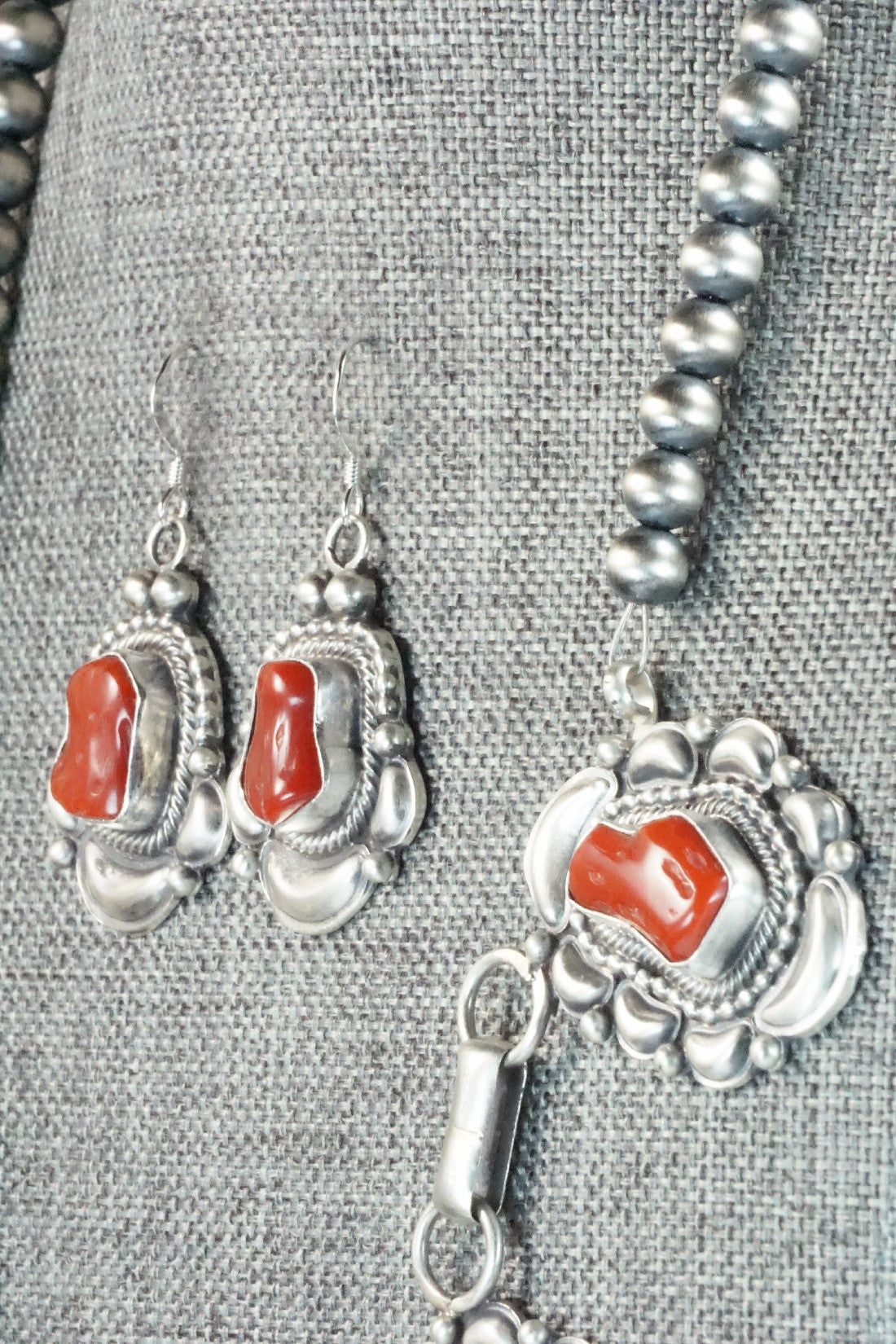 Turquoise, Coral & Sterling Silver Necklace and Earrings Set - Tom Lewis